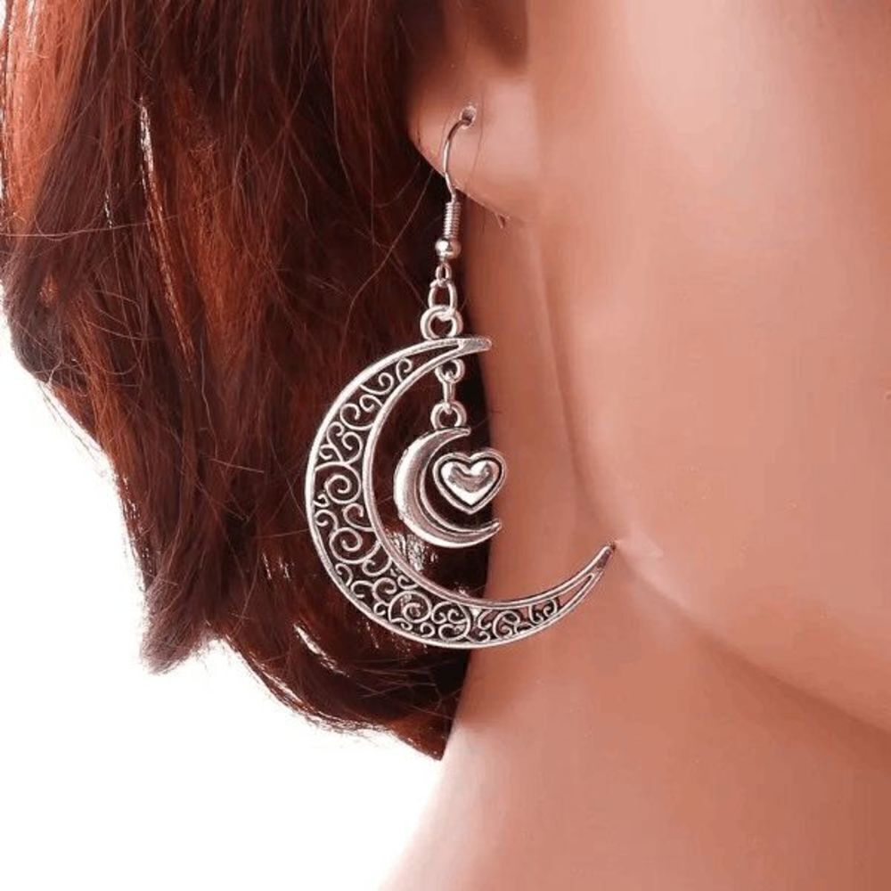 SILVER MAGICAL HEART CRESCENT MOON  DANGLE EARRING